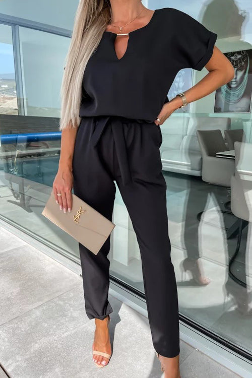 Madalena - Combinaison Noire Femme - Décolleté en V avec Taille Élastique et Poches-6