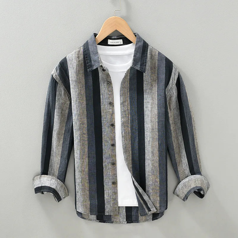 Jeroen - Chemise en Lin Coton RayĂ© - ĂlĂ©gant - Hommes-1