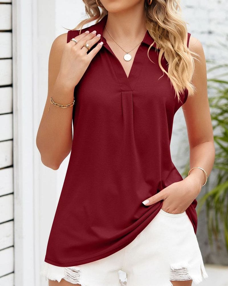 Top Femme Sans Manches Col Polo Fluide Chic - Carla