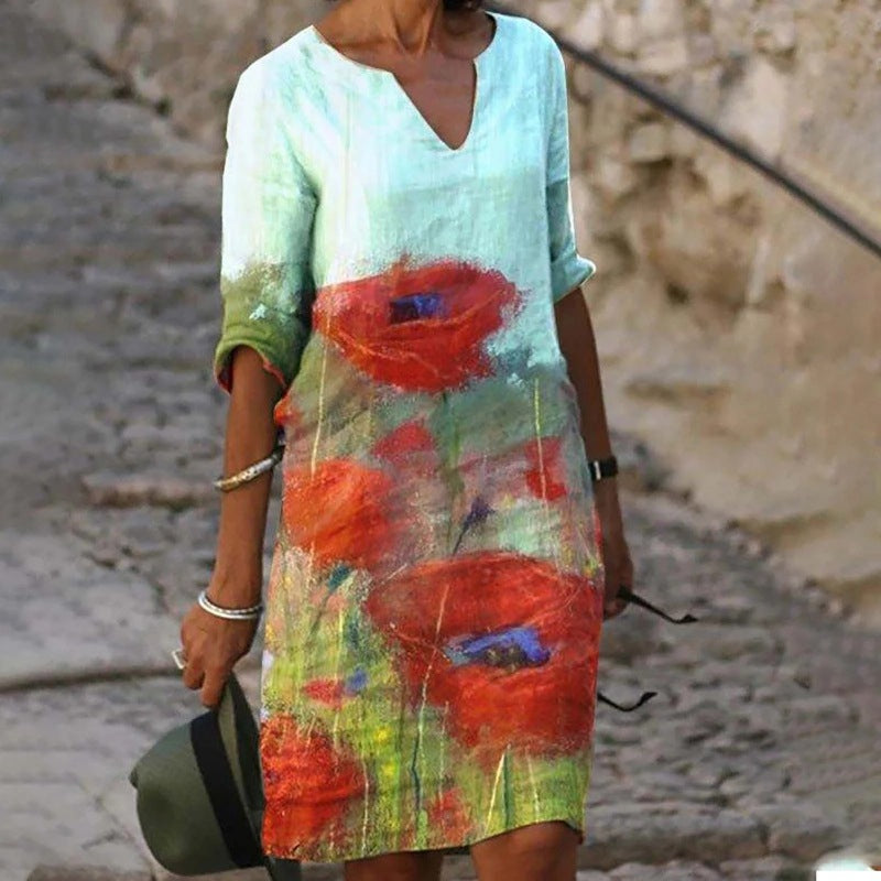 Camille - Robe Lin Fleurie Élégante