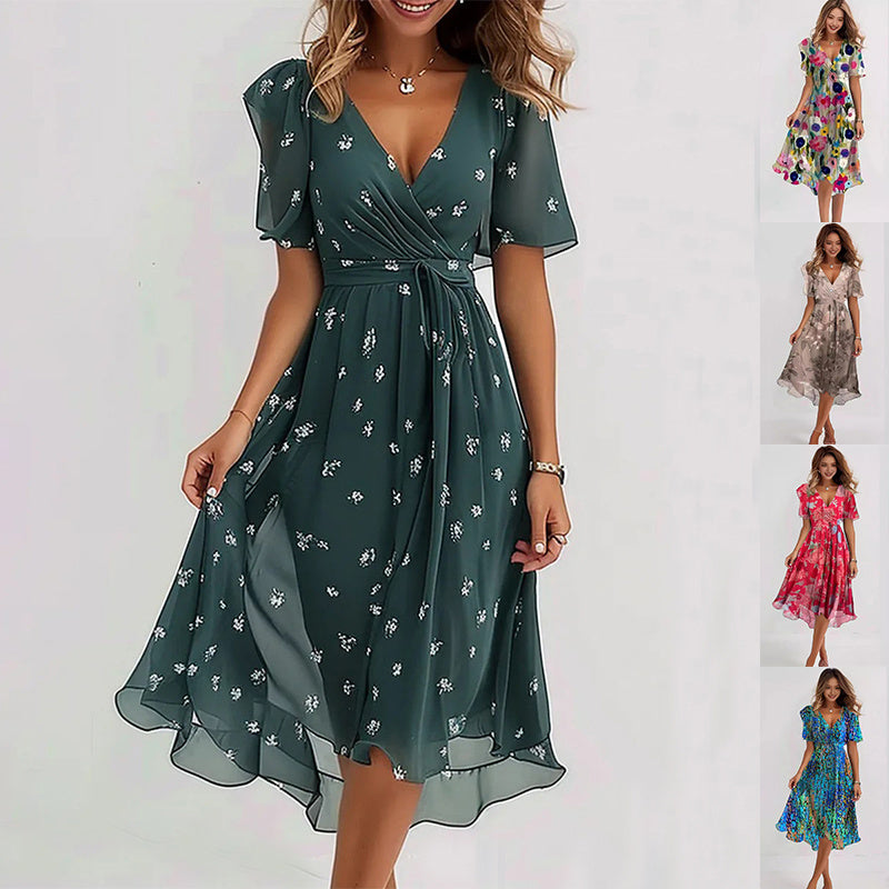 Robe Midi Femme Fleurie Col V - Marine