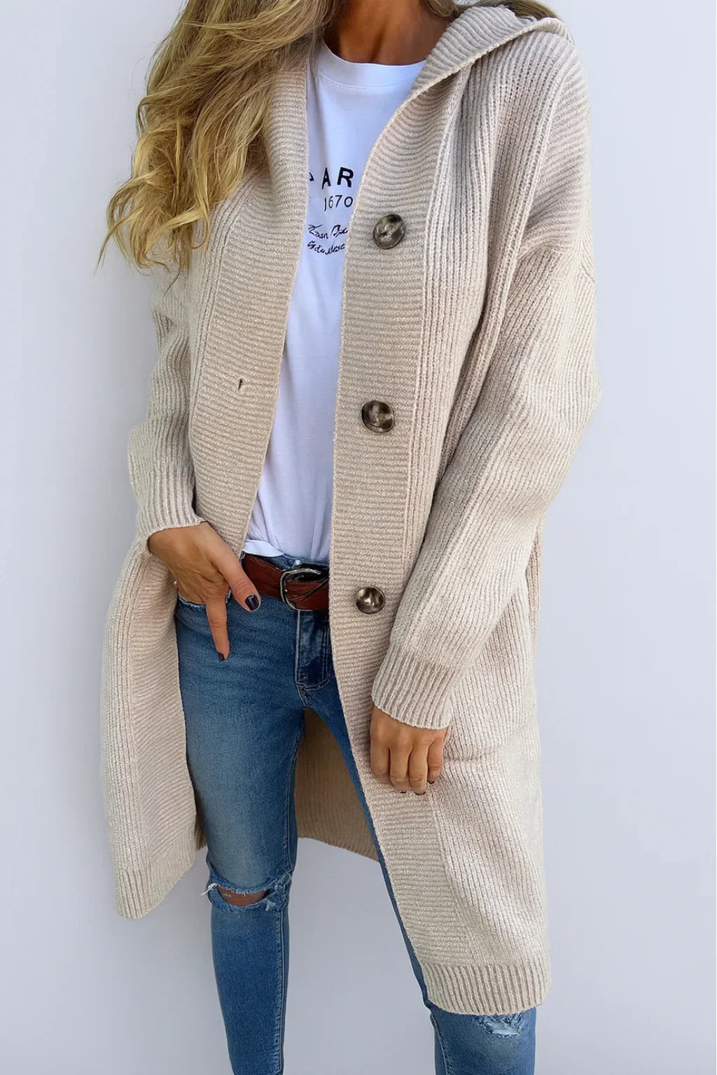 Sophie - Cardigan Élégant Long Boutonné à Capuche