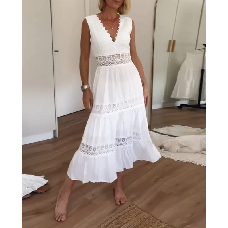 Robe Longue Femme En Dentelle Blanche Bohème - Nathalie