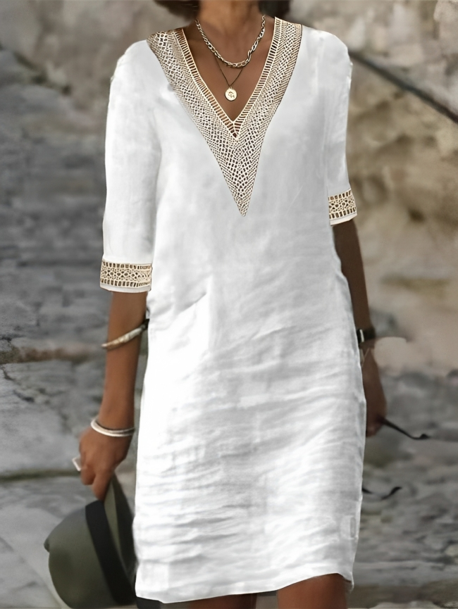 Lucie - Robe Lin Col V Crochet Femme