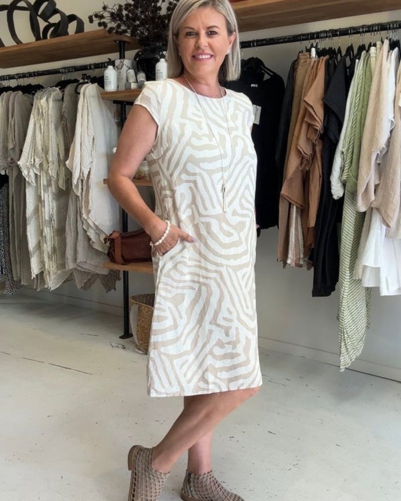 Martine - Robe Courte Femme en Lin Imprimée