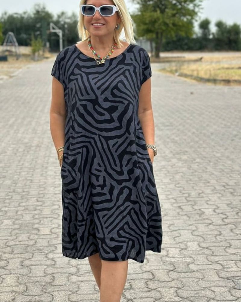 Martine - Robe Courte Femme en Lin Imprimée