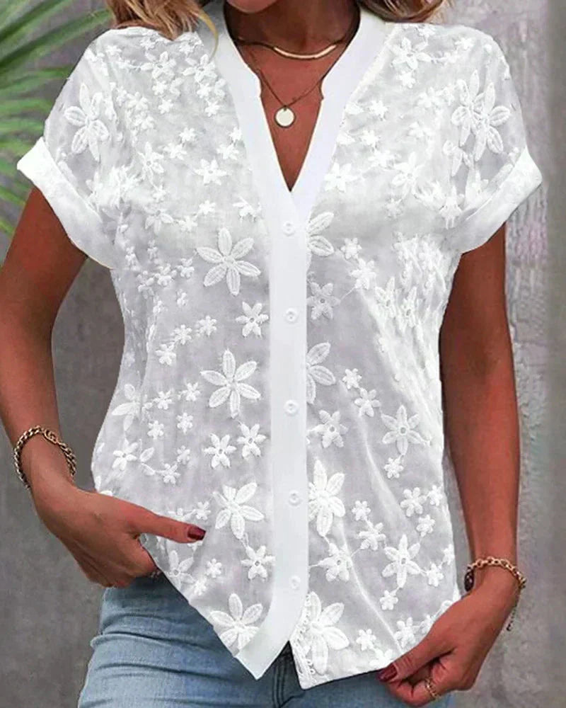 Blouse Femme Brodée Col V Manches Courtes - Léa