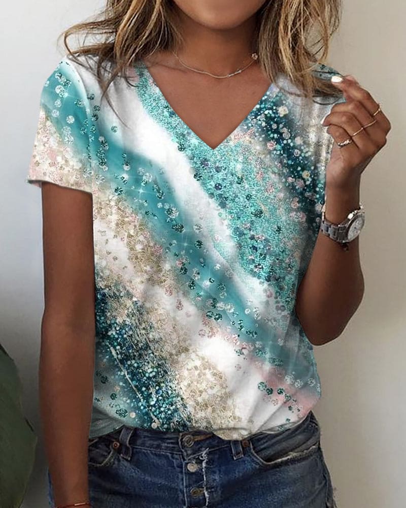 T-Shirt Femme Imprimé Col V Manches Courtes - Jana