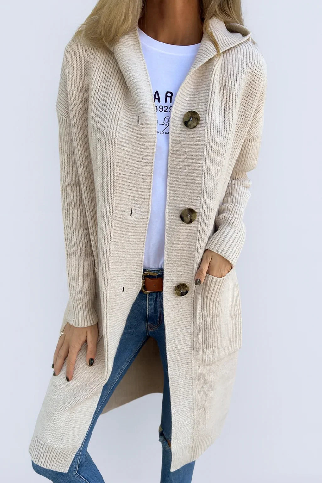 Sophie - Cardigan Élégant Long Boutonné à Capuche