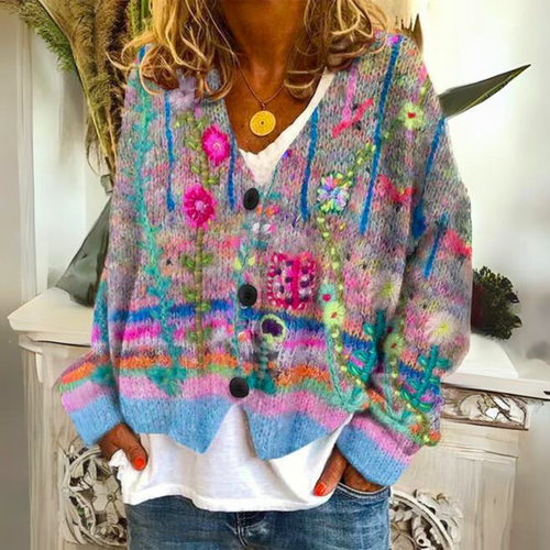 Elina - Cardigan bohème multicolore avec broderies florales femme