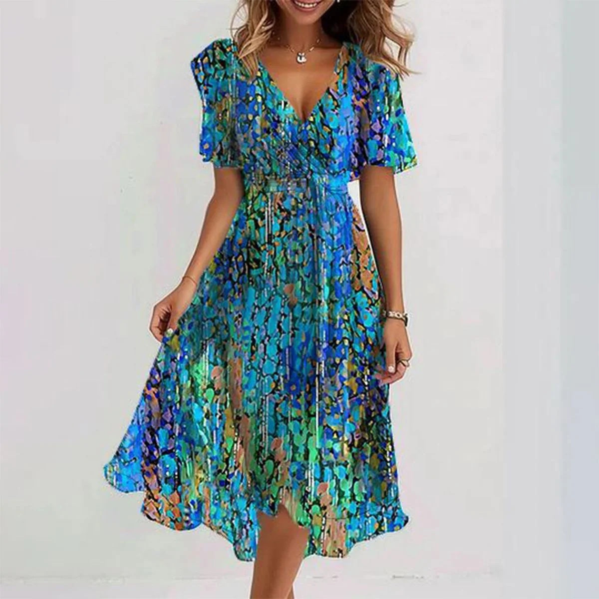 Robe Midi Femme Fleurie Col V - Marine