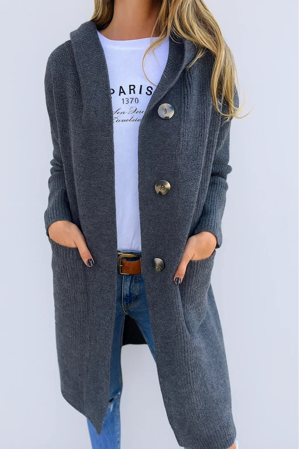 Sophie - Cardigan Élégant Long Boutonné à Capuche