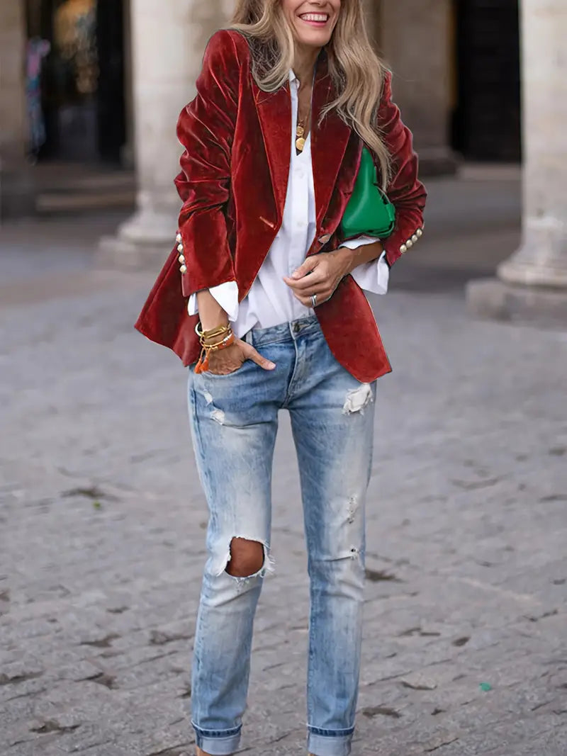 Caroline - Blazer Élégant Velours Boutonné