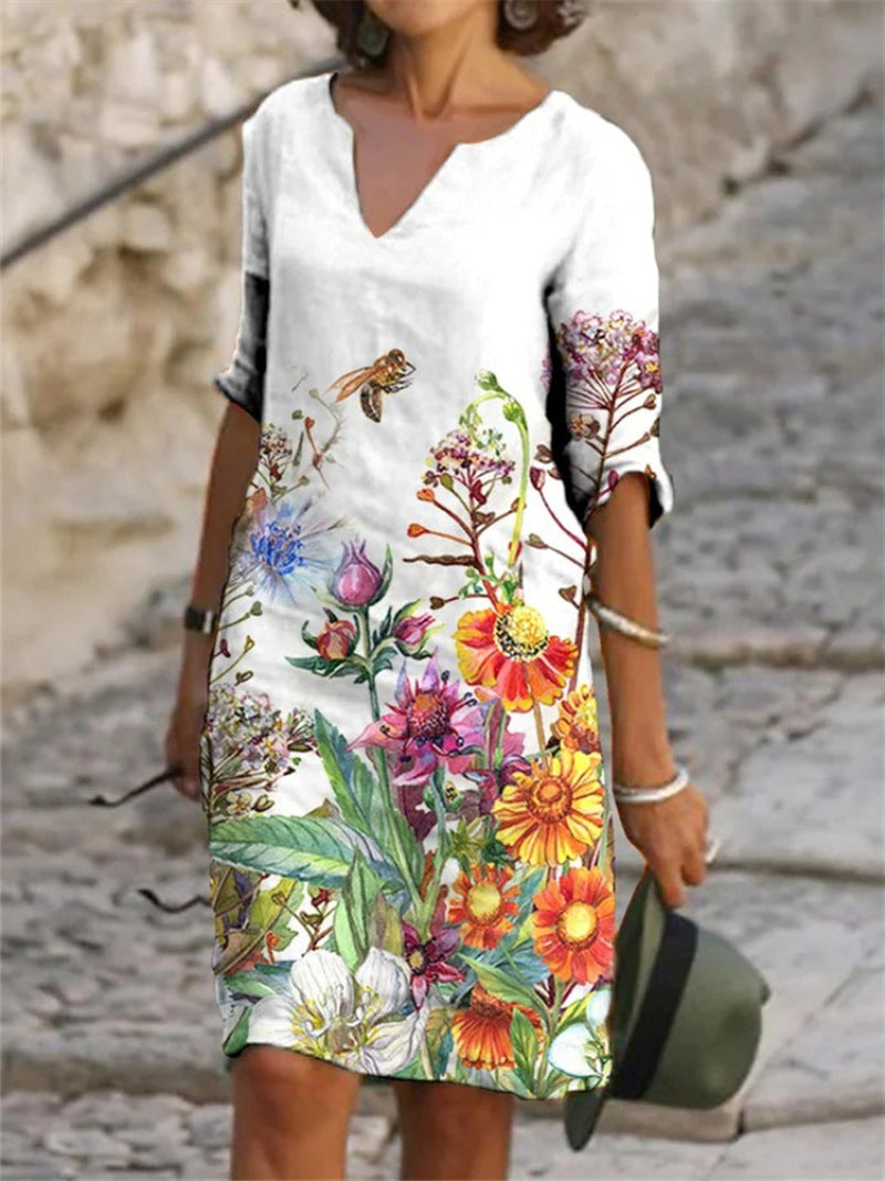 Camille - Robe Lin Fleurie Élégante