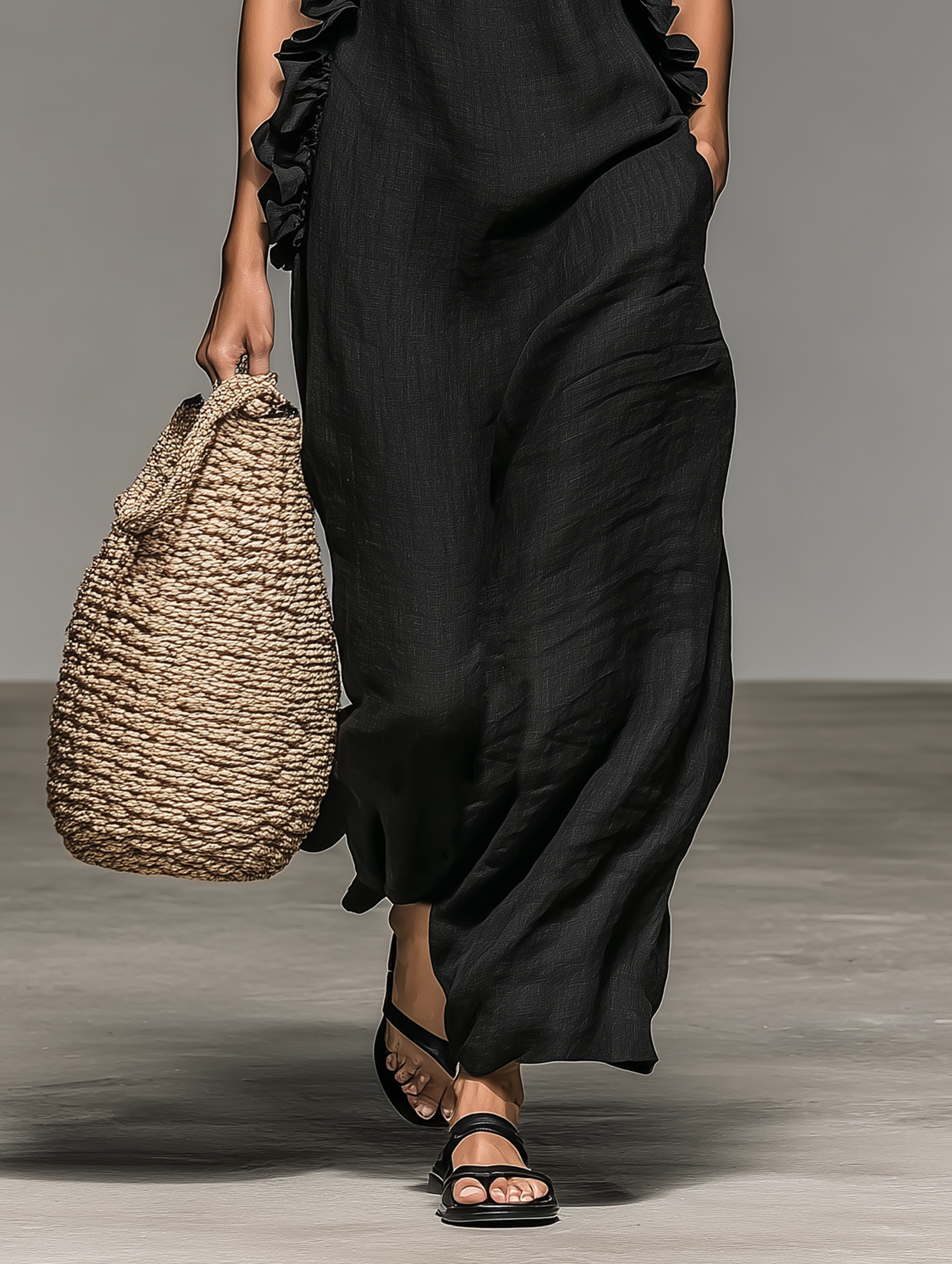 Robe longue femme en lin à volants - Marine