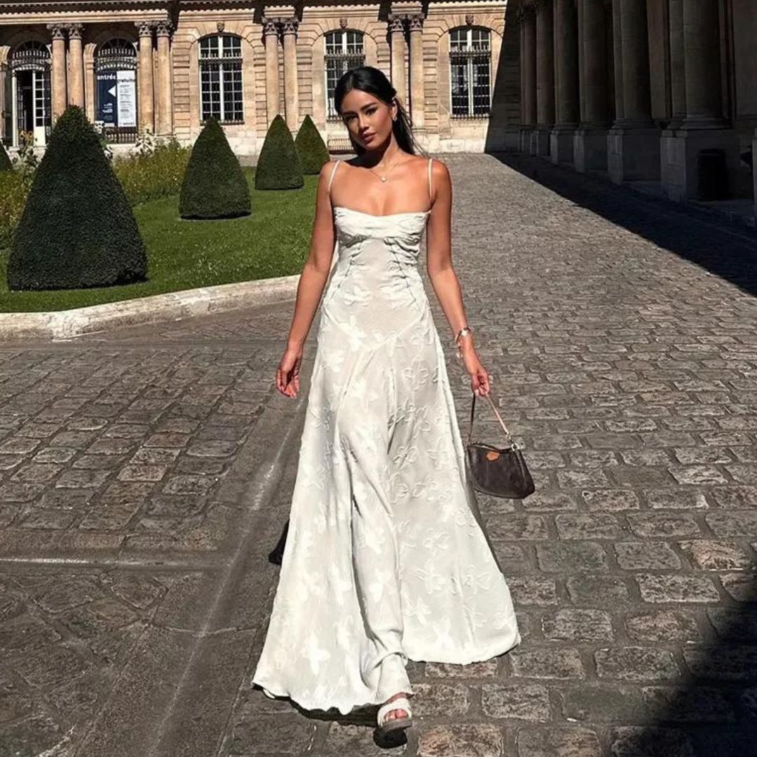 Isabelle - Robe Longue Bustier En Jacquard À Motif Floral Subtil
