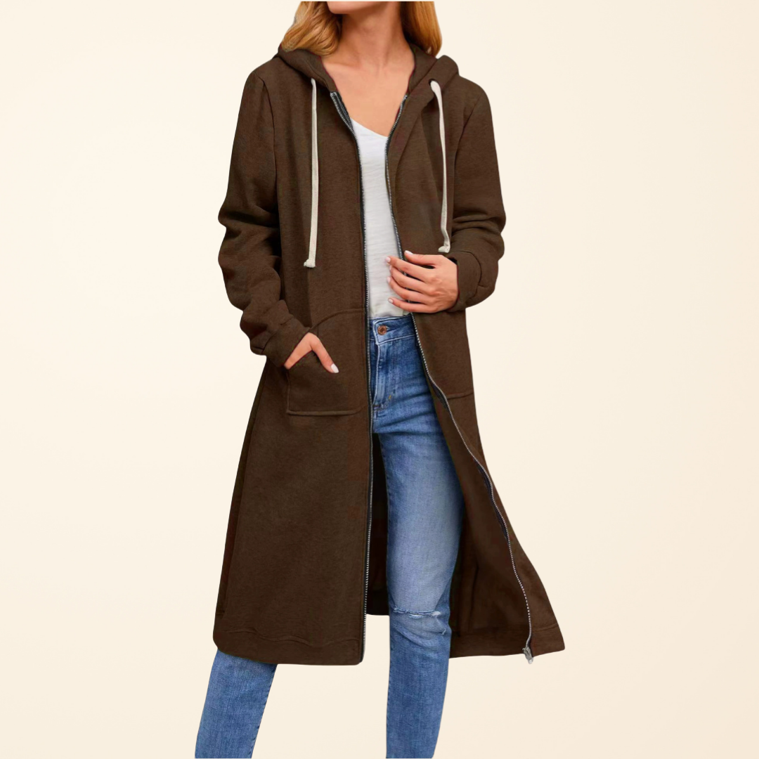 Sophie - Cardigan Élégant Maxi Zippé à Capuche
