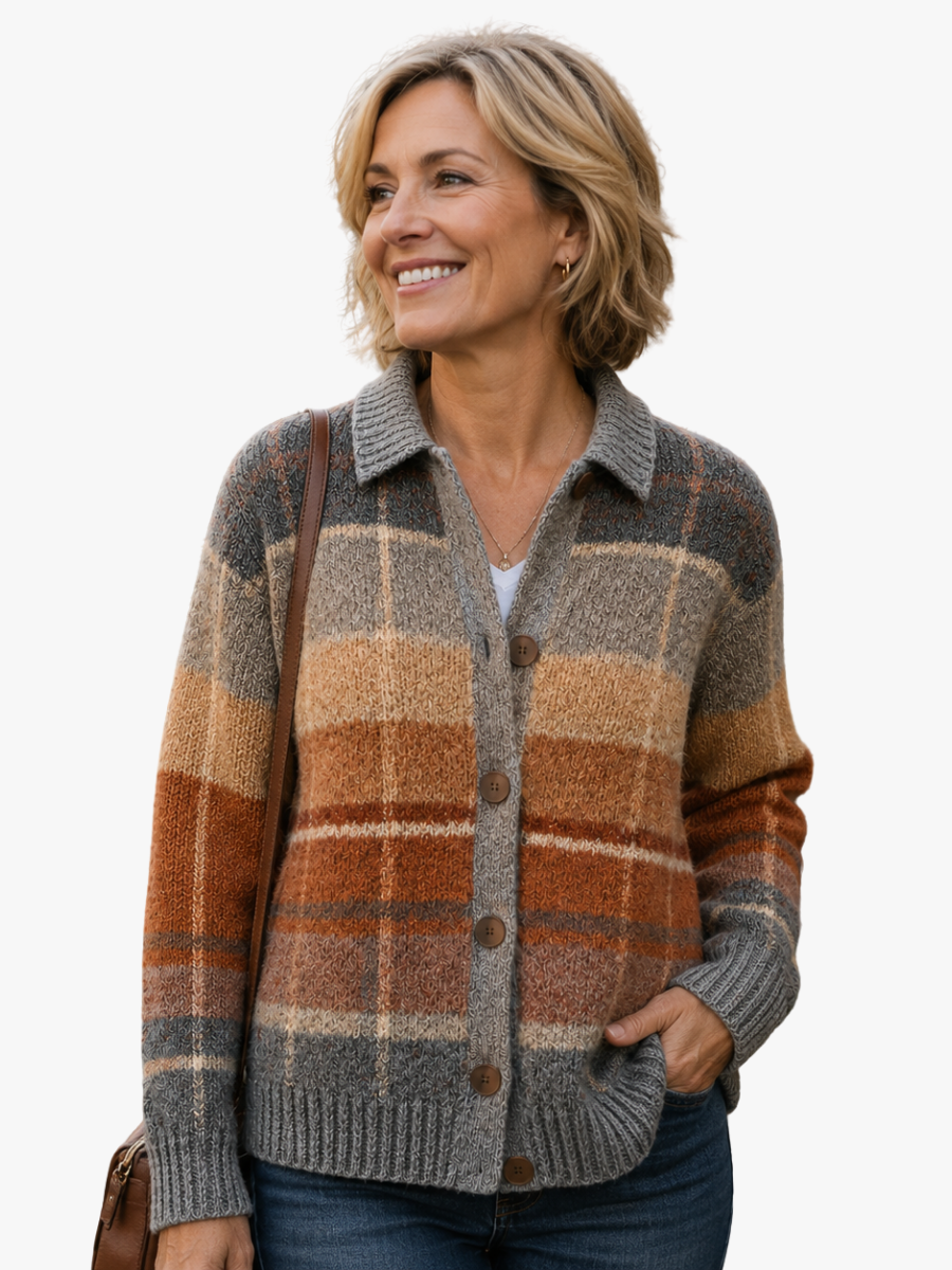 Marguerite - Cardigan Chic Écossais Col Chemise