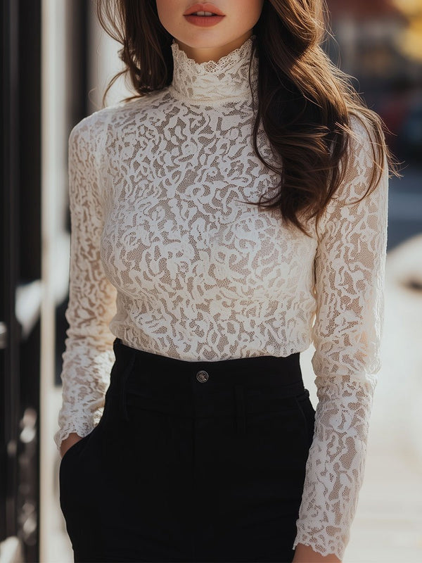 Valérie - Blouse Dentelle Élégante Col Haut Femme