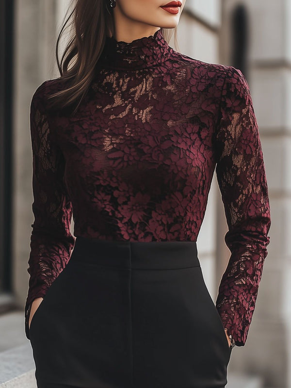 Valérie - Blouse Dentelle Élégante Col Haut Femme