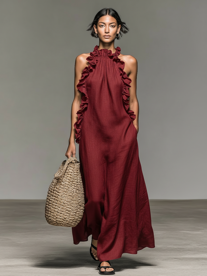 Robe longue femme en lin Ă volants - Marine
