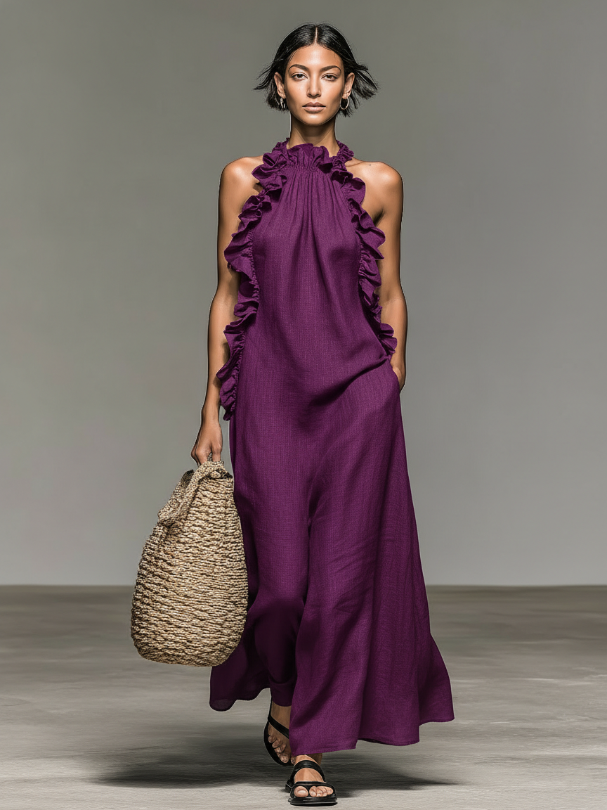 Robe longue femme en lin à volants - Marine