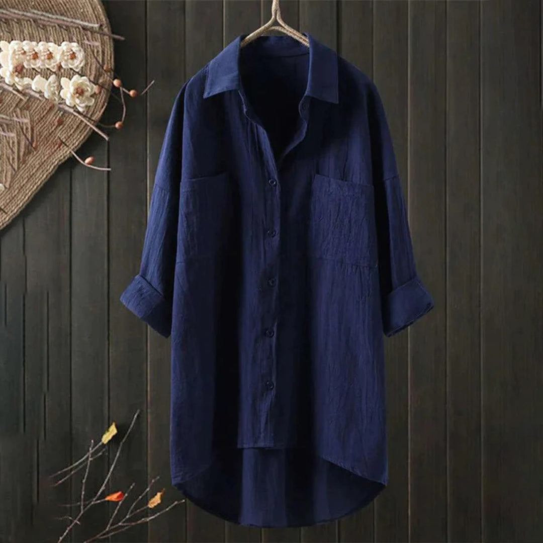 Marine - Blouse Lin Longue Oversized Élégante Femme