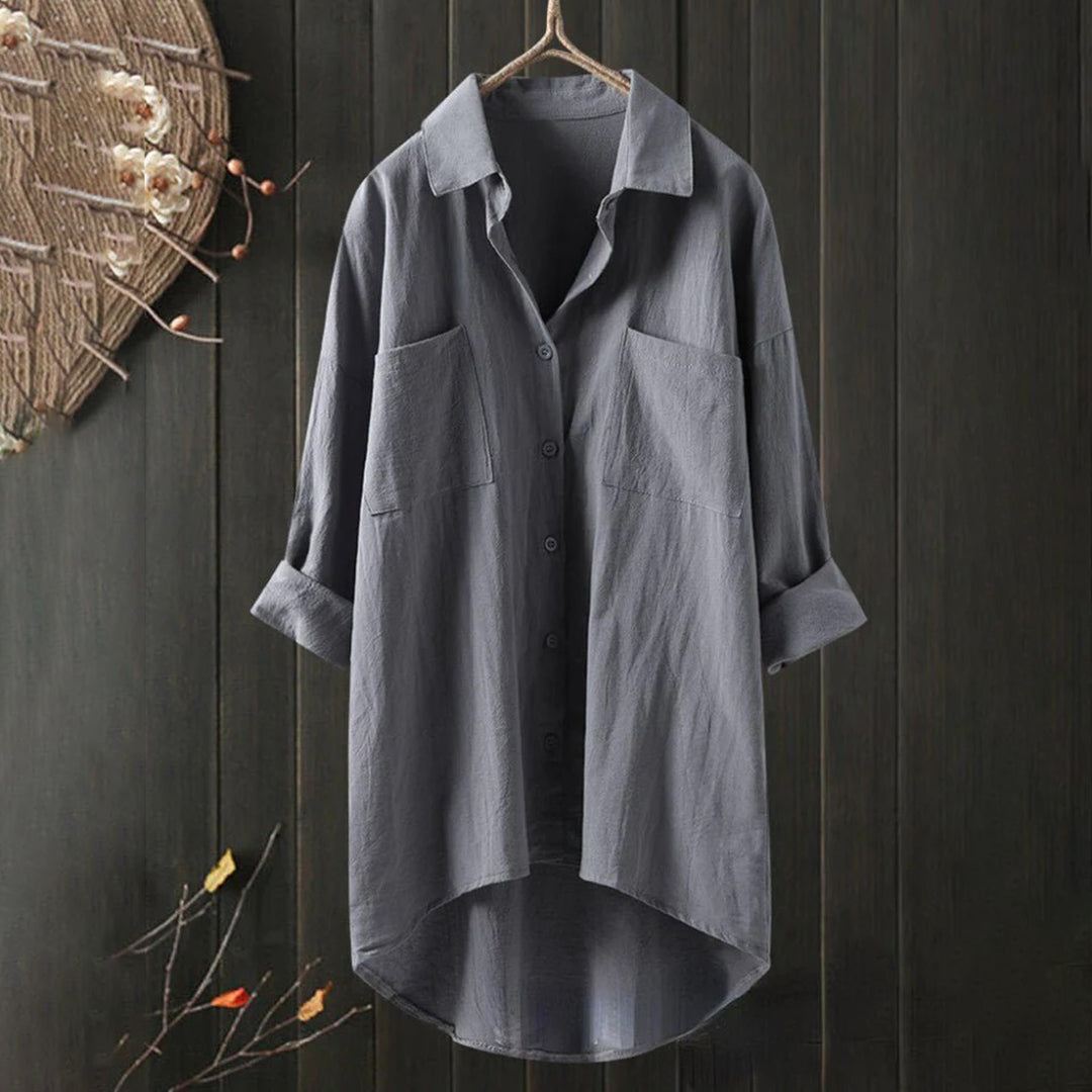 Marine - Blouse Lin Longue Oversized Élégante Femme