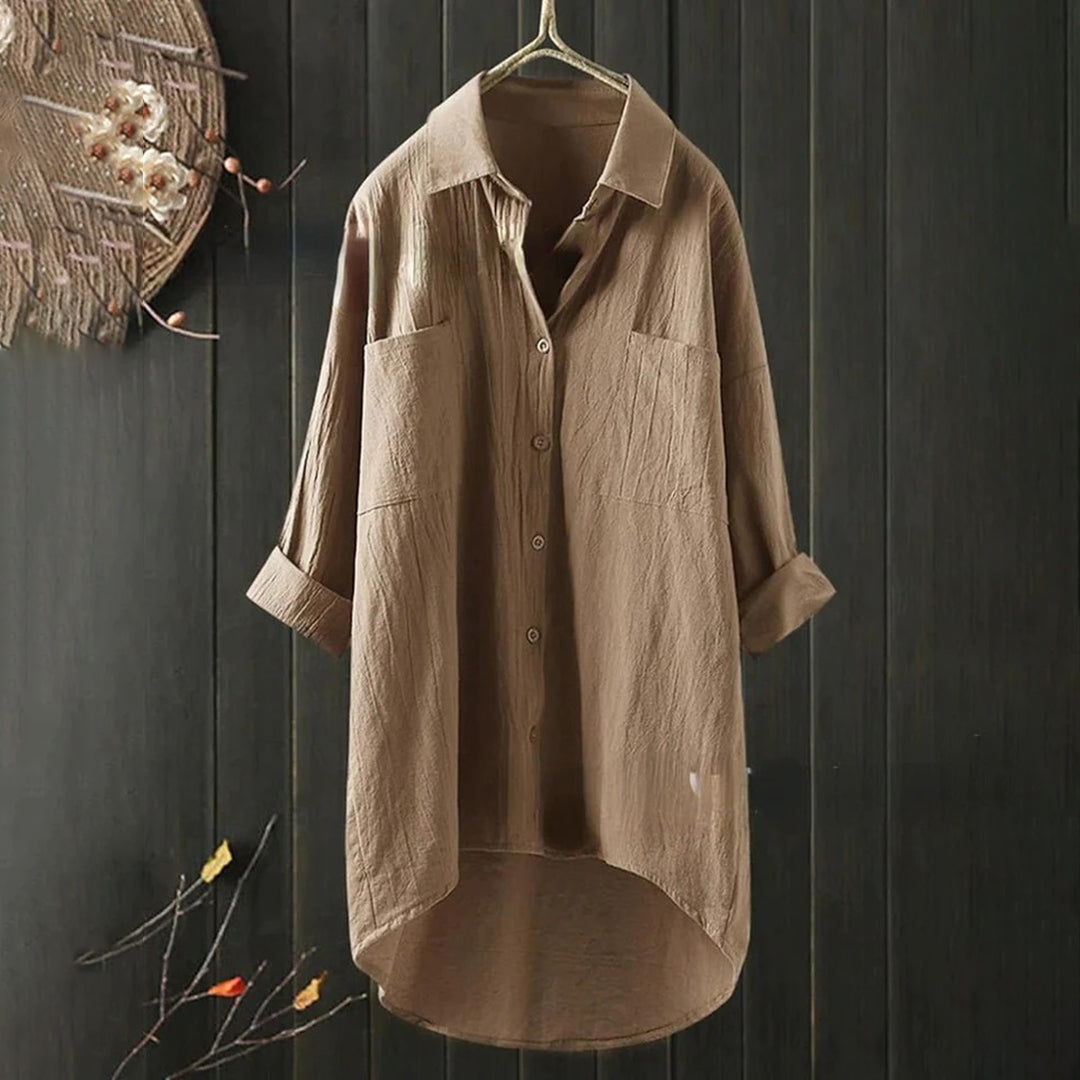 Marine - Blouse Lin Longue Oversized Élégante Femme