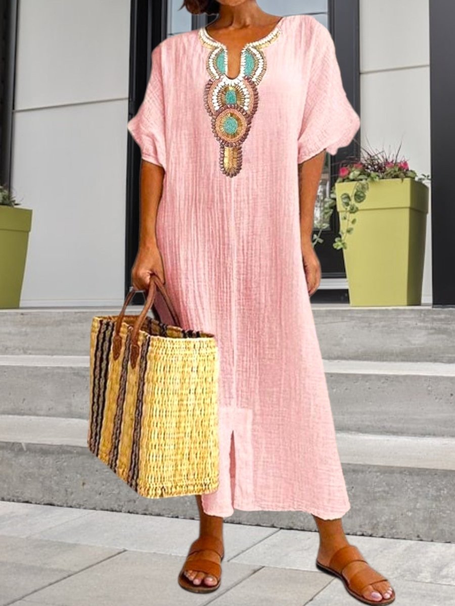 Nathalie - Robe Caftan Boho Brodée Femme