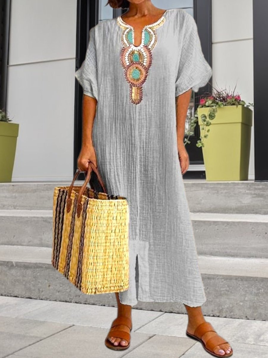 Nathalie - Robe Caftan Boho Brodée Femme