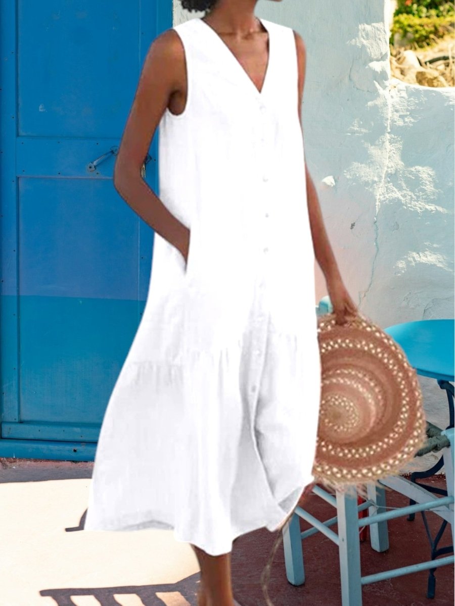 Margaux - Robe Midi Lin Sans Manches Boutonnée Femme