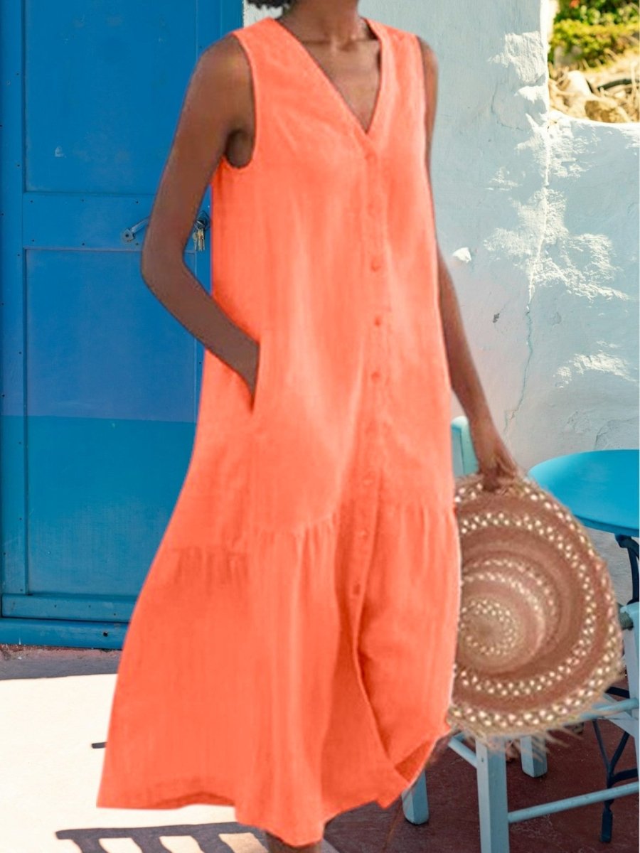 Margaux - Robe Midi Lin Sans Manches Boutonnée Femme
