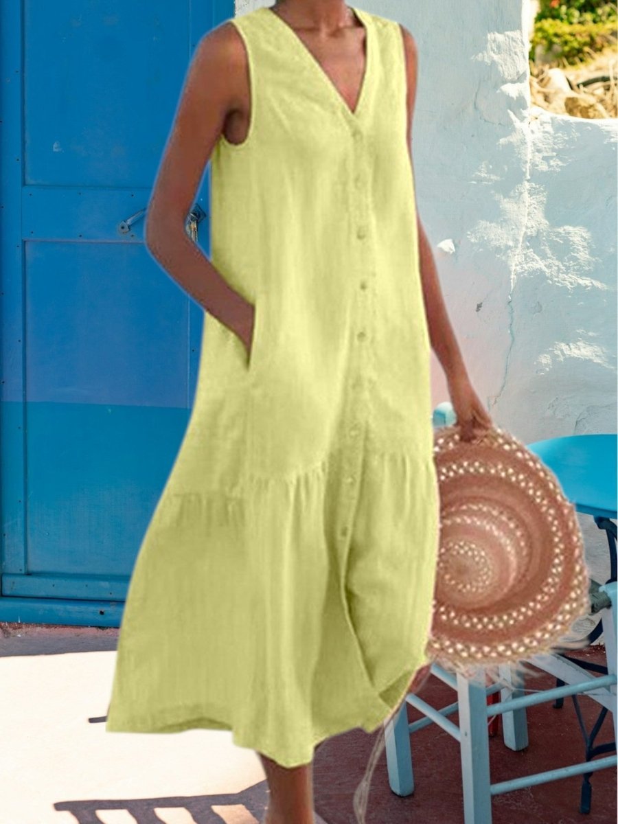Margaux - Robe Midi Lin Sans Manches Boutonnée Femme