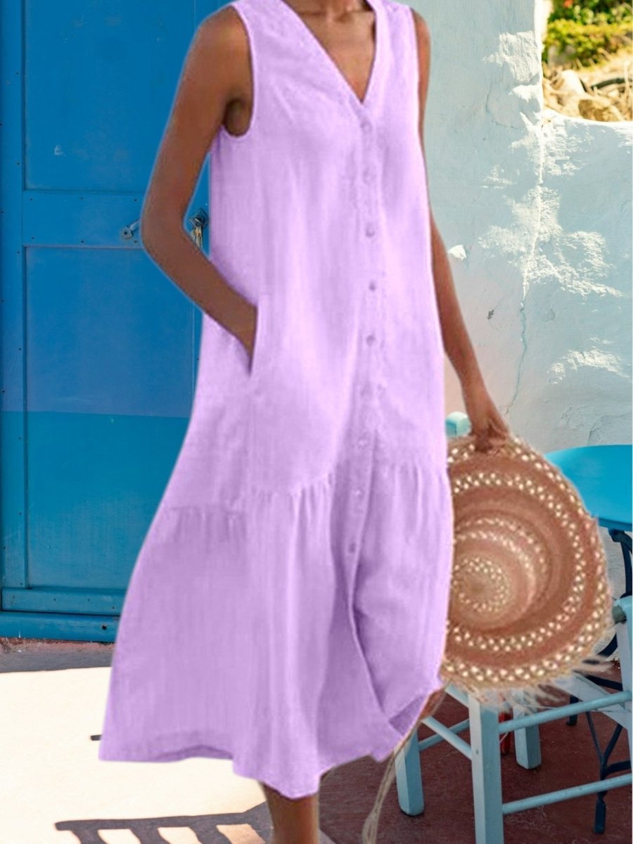 Margaux - Robe Midi Lin Sans Manches Boutonnée Femme