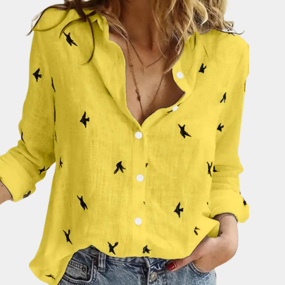 Claire - Blouse Imprimée Oiseaux Manches Longues Femme