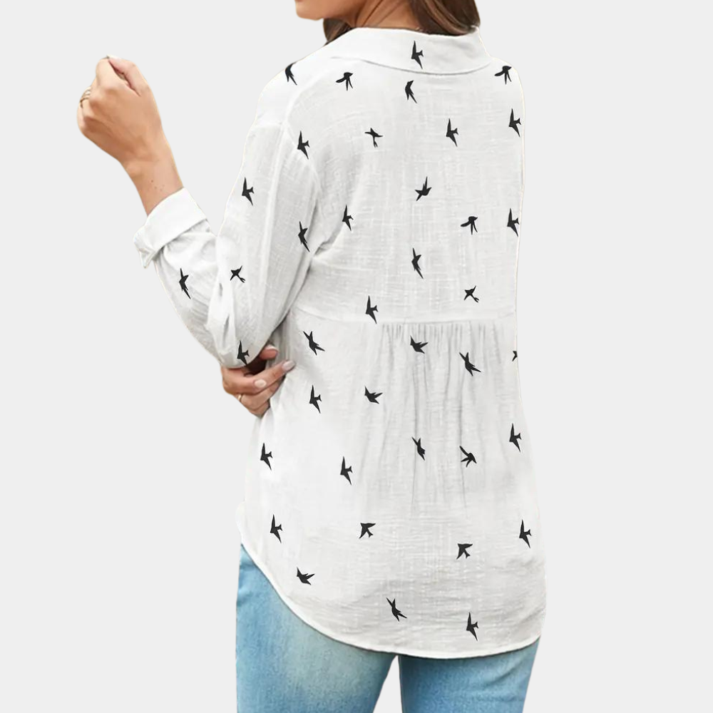 Claire - Blouse Imprimée Oiseaux Manches Longues Femme