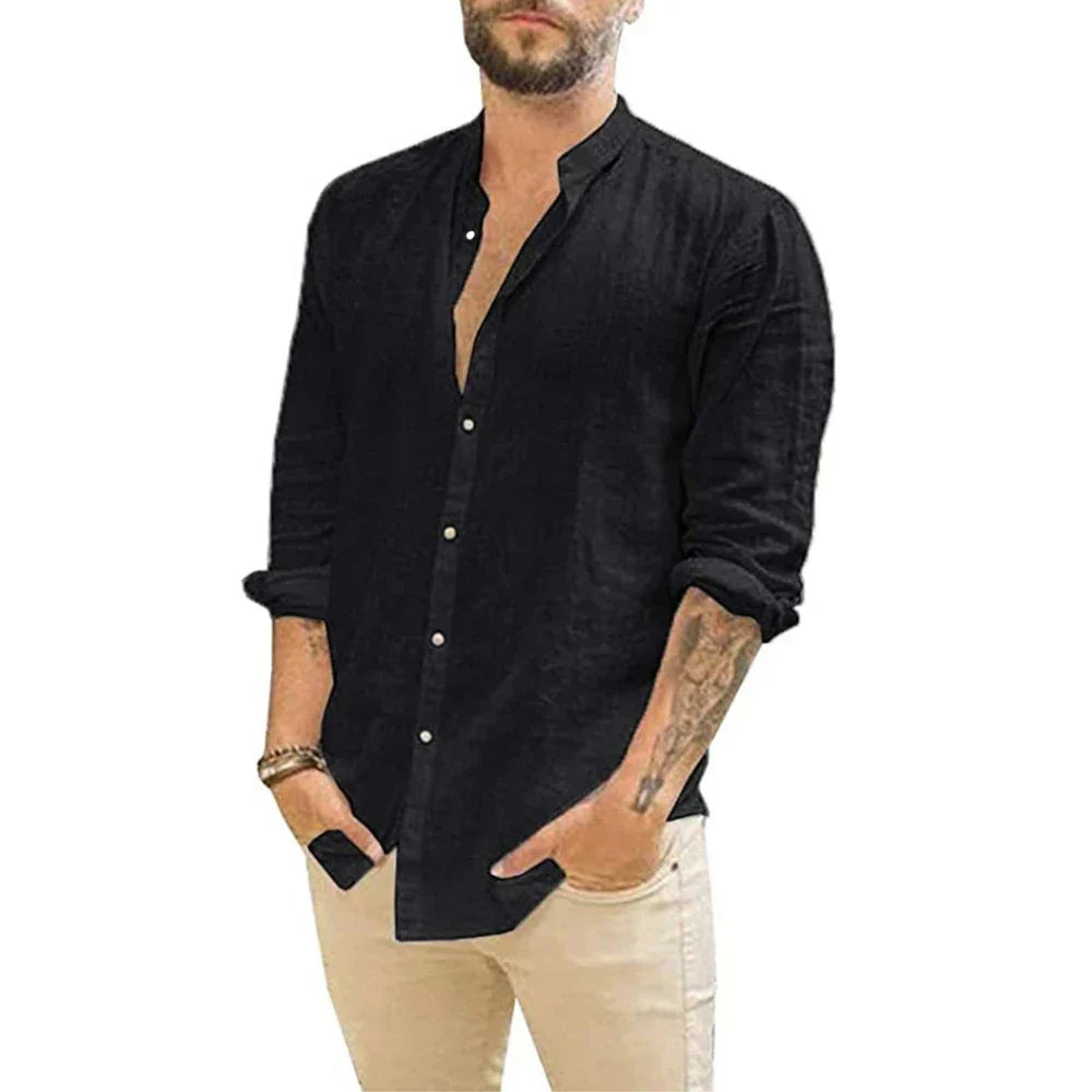 Cole - Chemise en Lin Col Officier Manches Longues Chic Homme