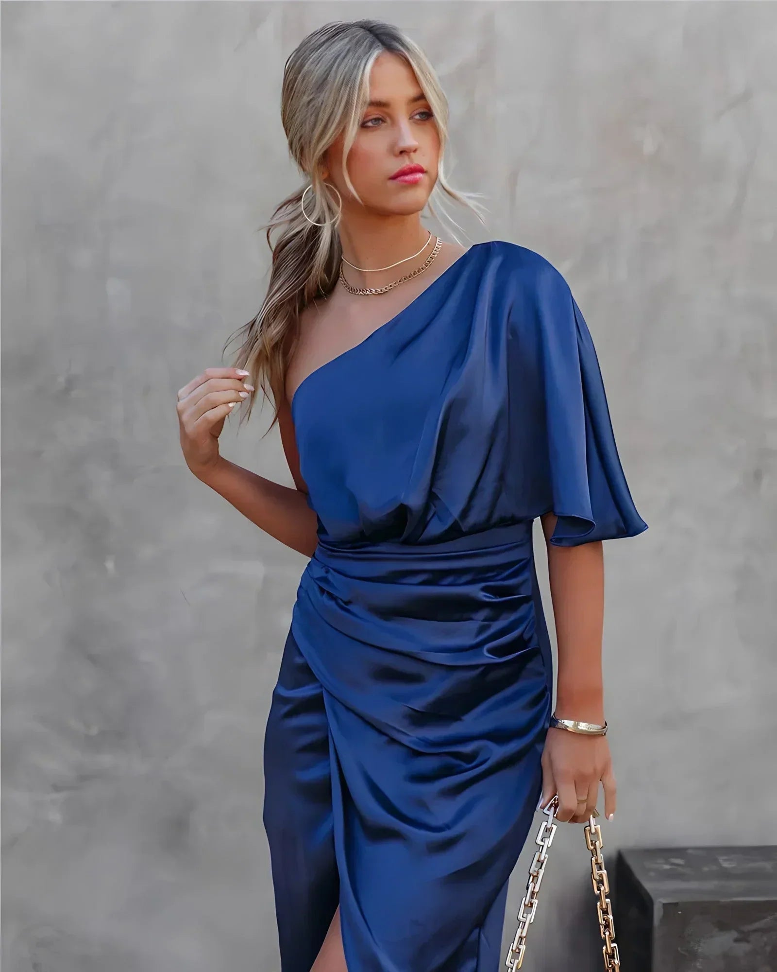 Océane - Robe Midi Satin Drapée Asymétrique Femme