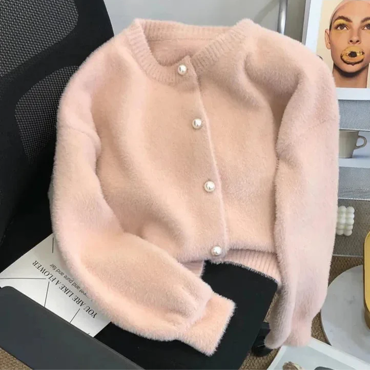 London - Cardigan en maille velours avec boutons en perles femme