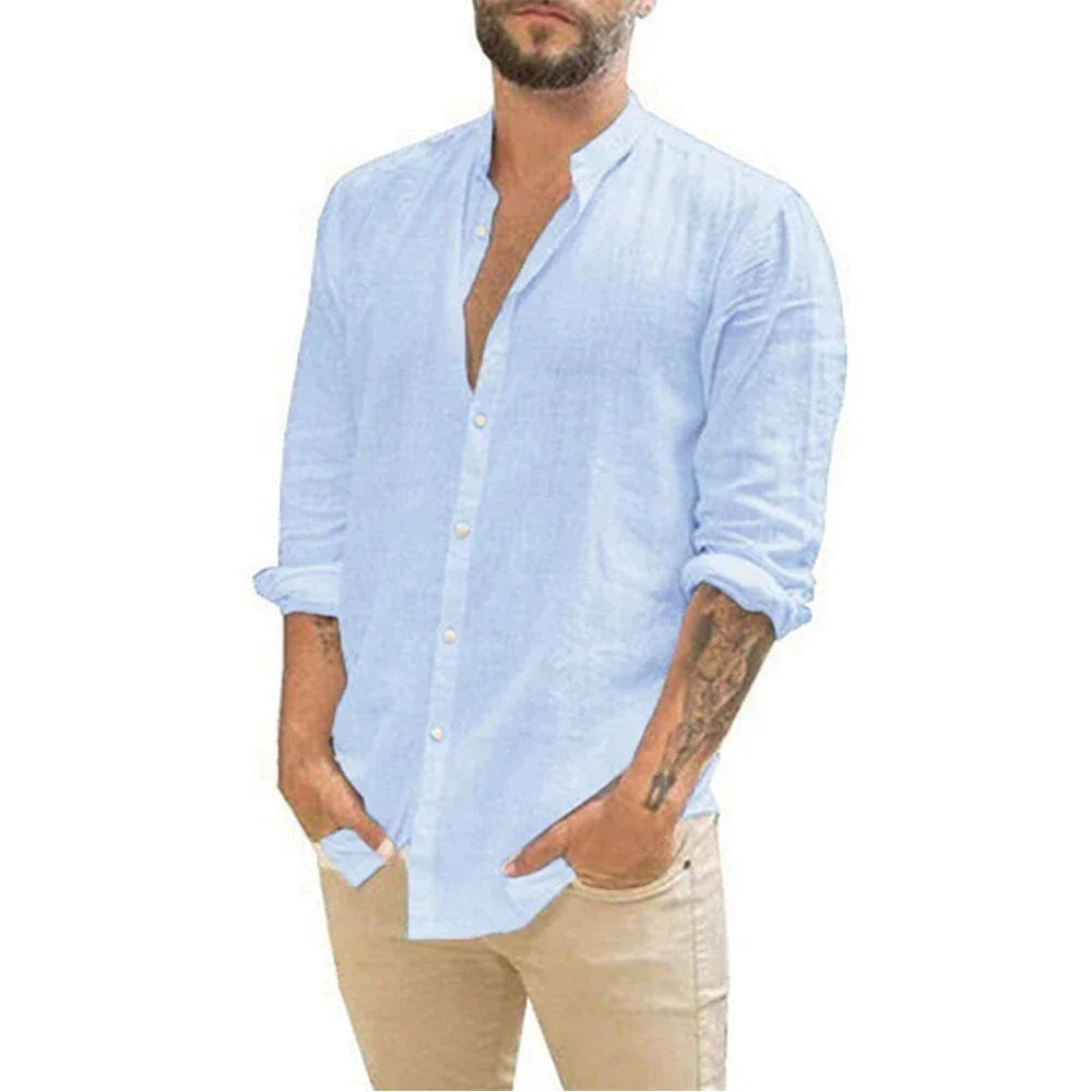Cole - Chemise en Lin Col Officier Manches Longues Chic Homme