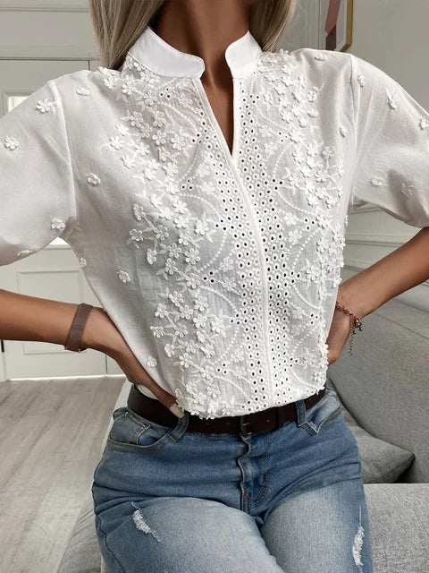 Chemise Femme Brodée Manches Courtes Élégante - Alessia