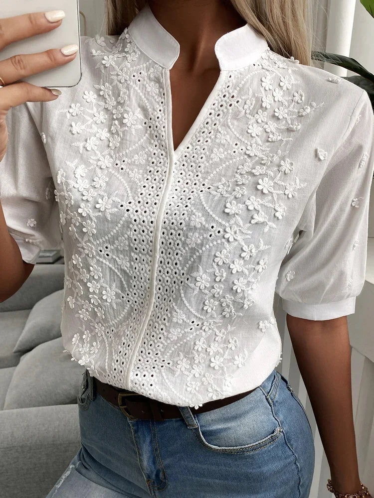 Chemise Femme Brodée Manches Courtes Élégante - Alessia