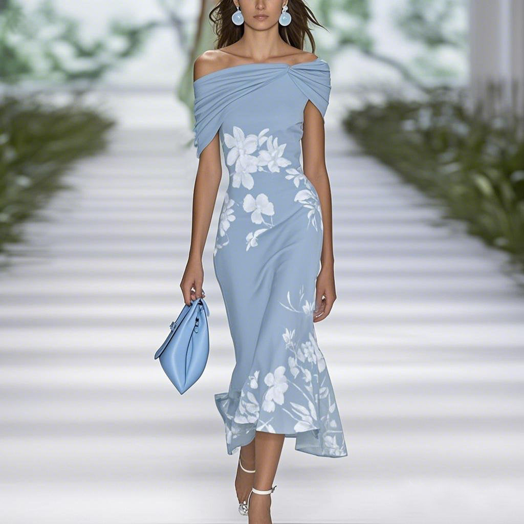 Hélène - Robe Midi Femme Fleurie Épaules Dénudées