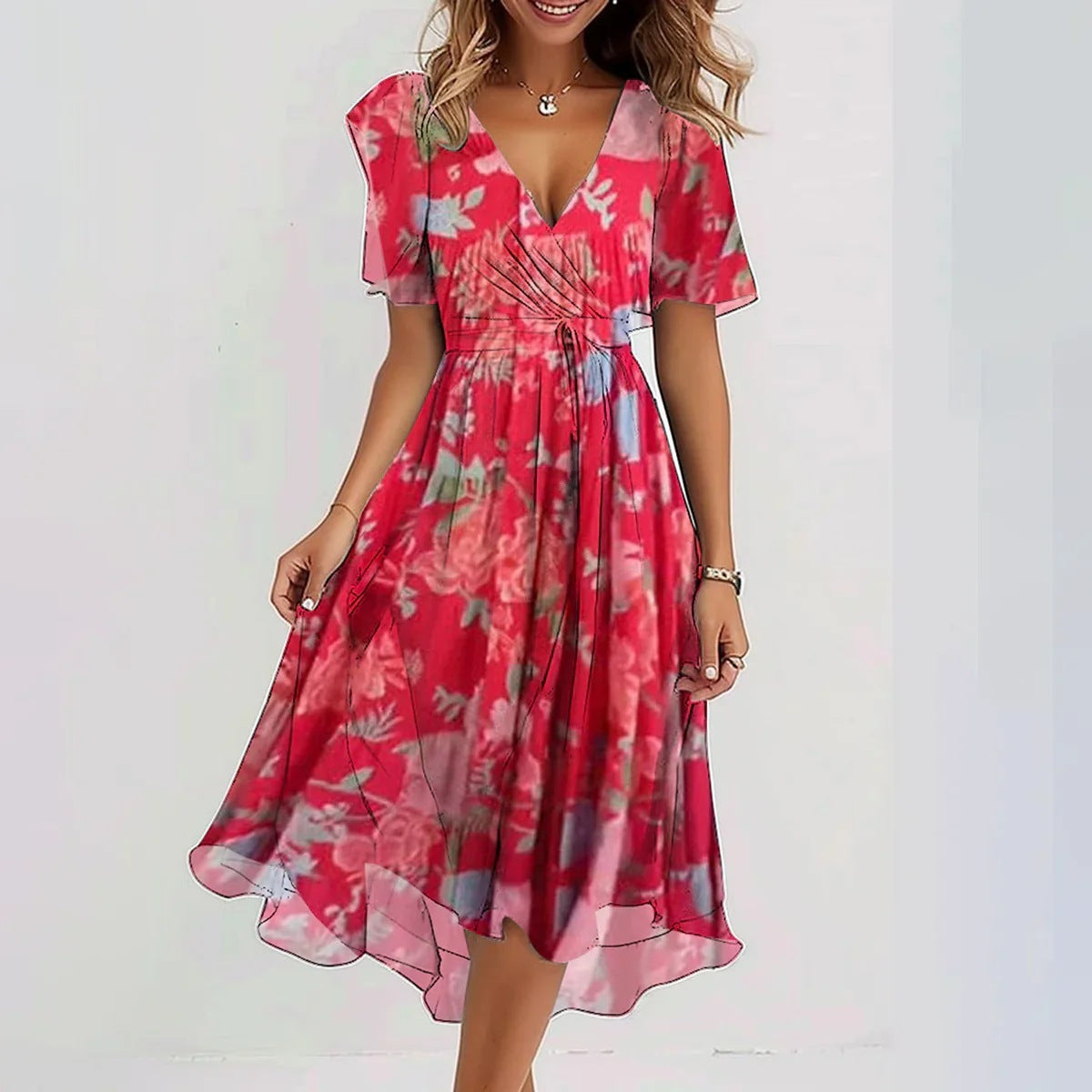 Robe Midi Femme Fleurie Col V - Marine