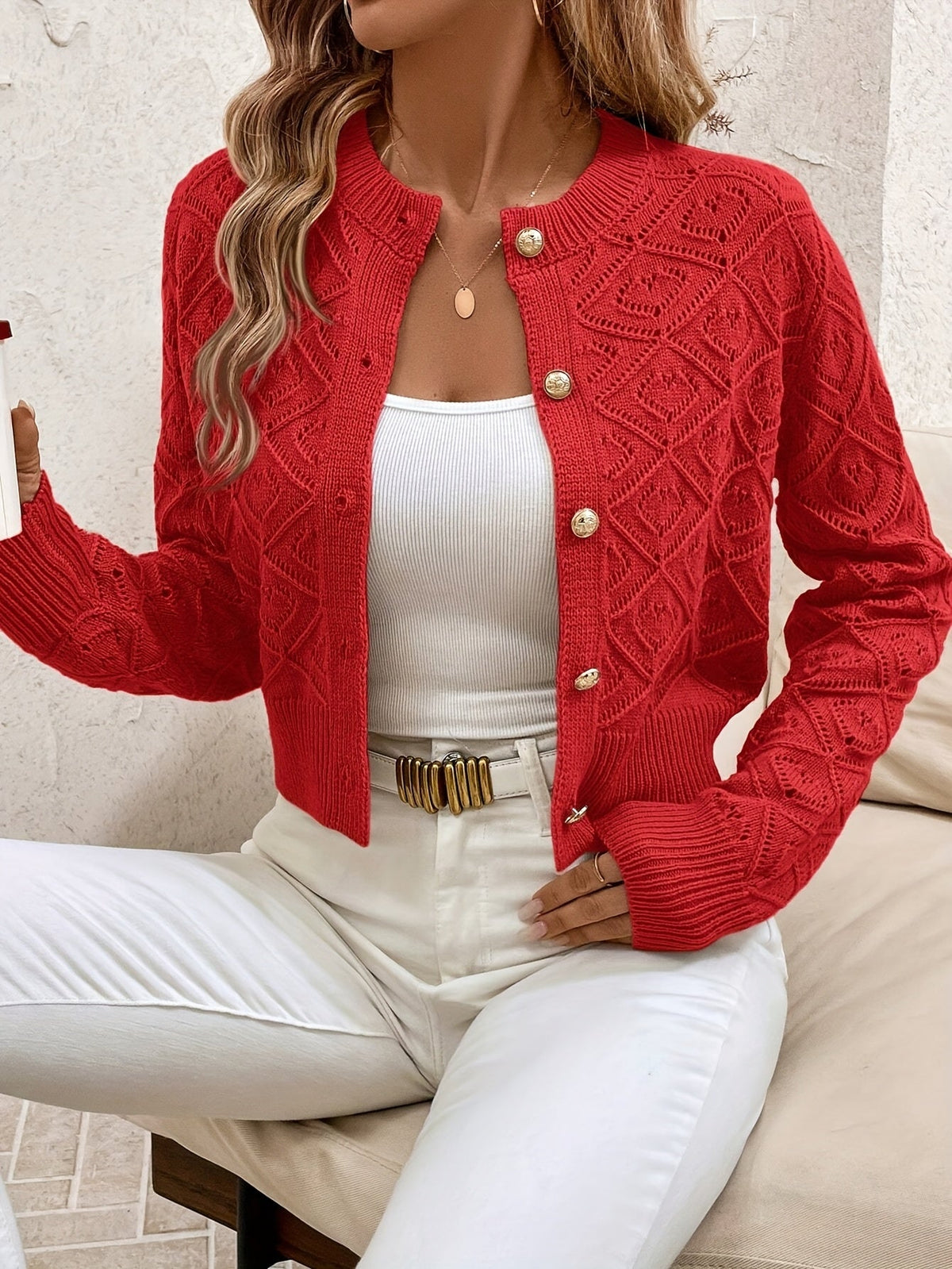 Sylvie - Cardigan Élégant Ajouré Boutonné
