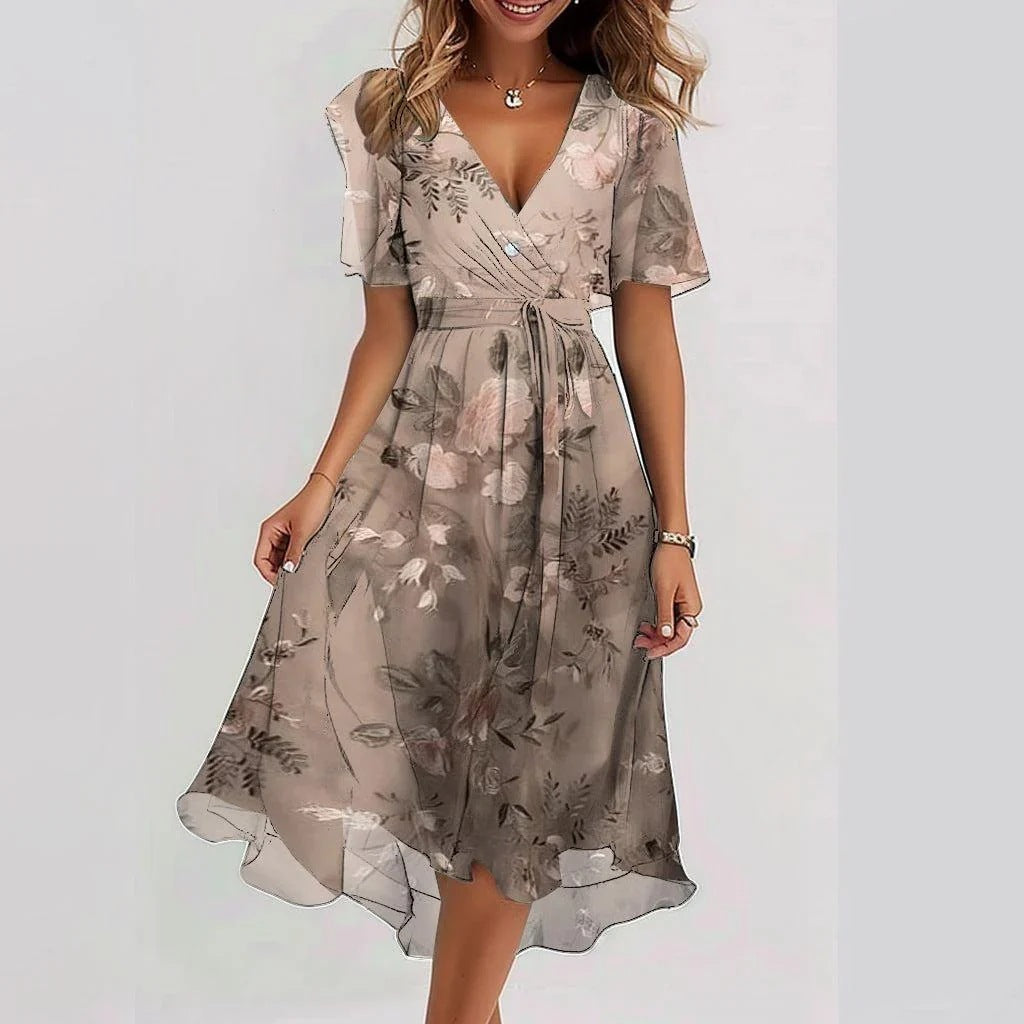 Robe Midi Femme Fleurie Col V - Marine