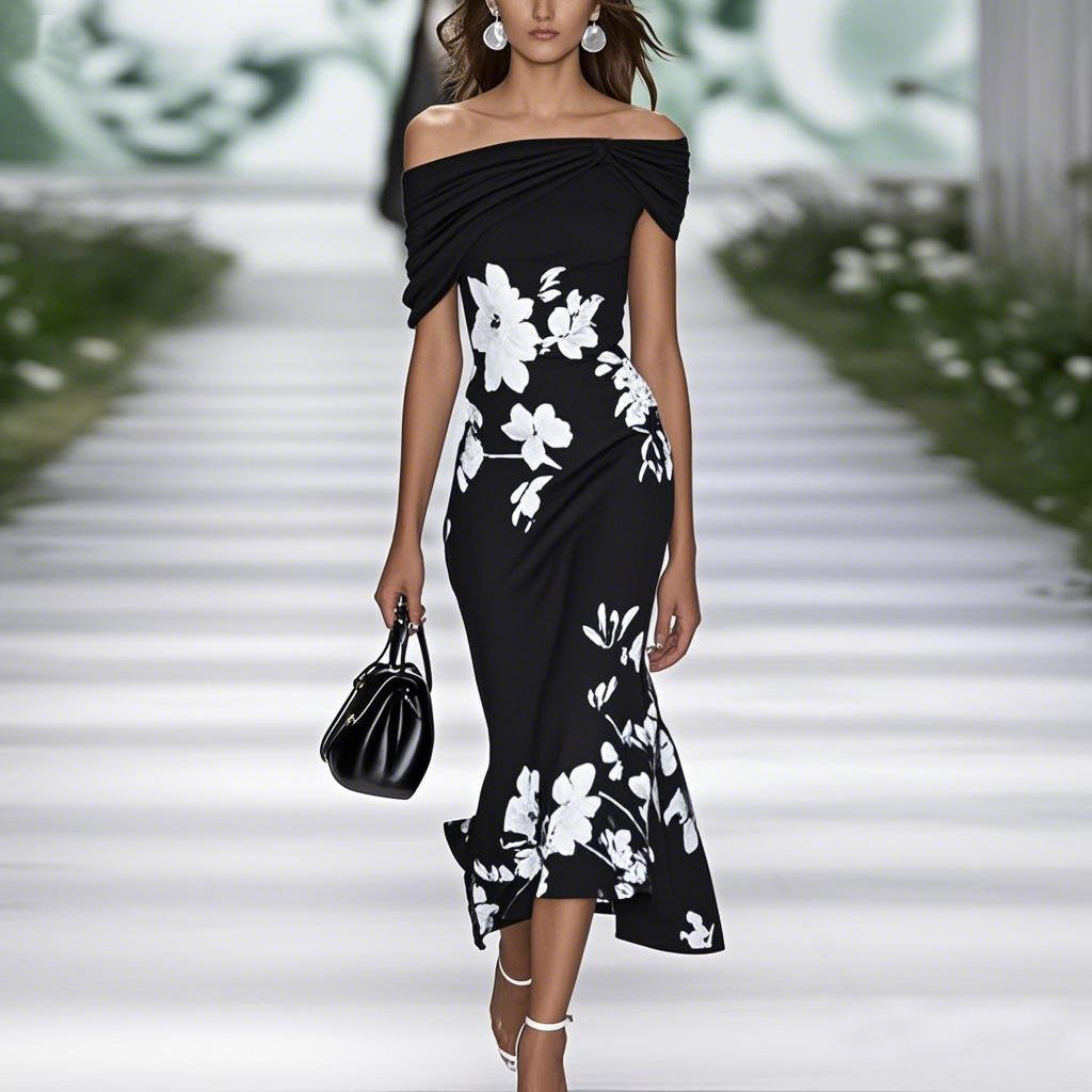 Hélène - Robe Midi Femme Fleurie Épaules Dénudées