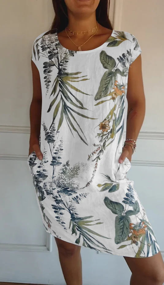 Amandine - Robe en coton-lin imprimé avec col rond et coupe légère