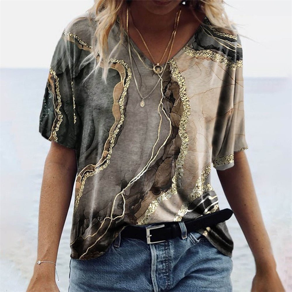 T-Shirt Femme Imprimé Col V Manches Courtes - Carnale